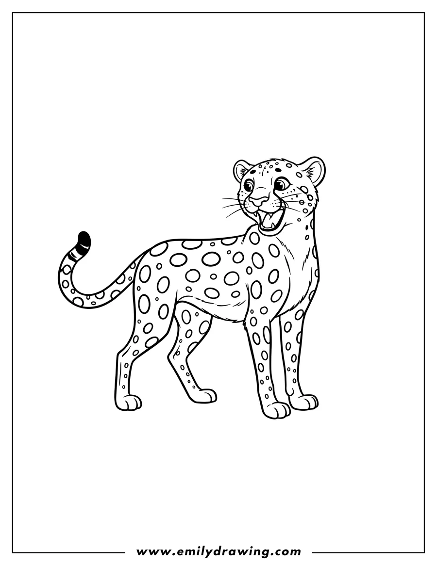 Downloadable coloring page of simple Spotted Cheetah Standing and Looking Back with Mouth Open