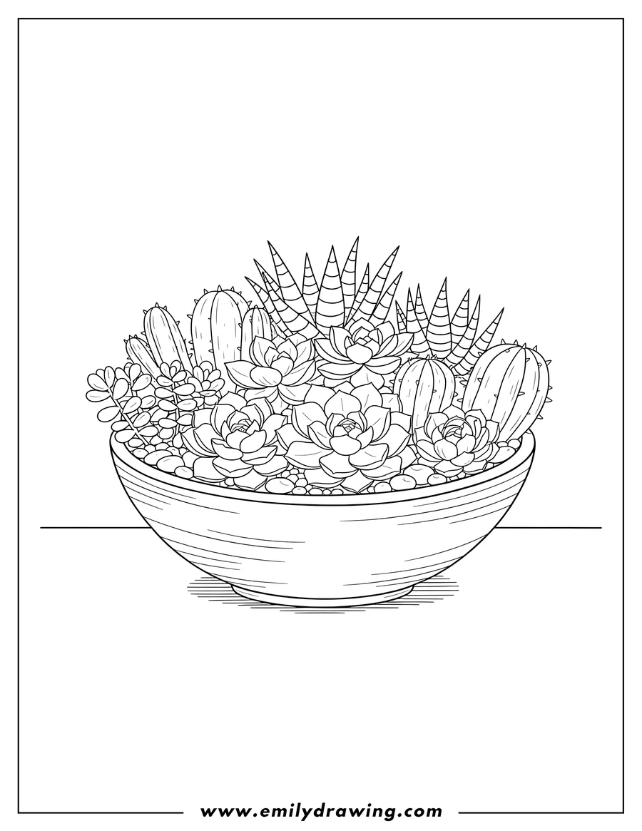 PDF style coloring page: simple Succulents Pot, a bowl with various succulents