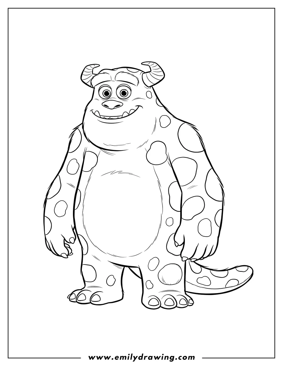 Outline drawing of simple To Color James Sullivan Scaled, standing, smiling, with spots