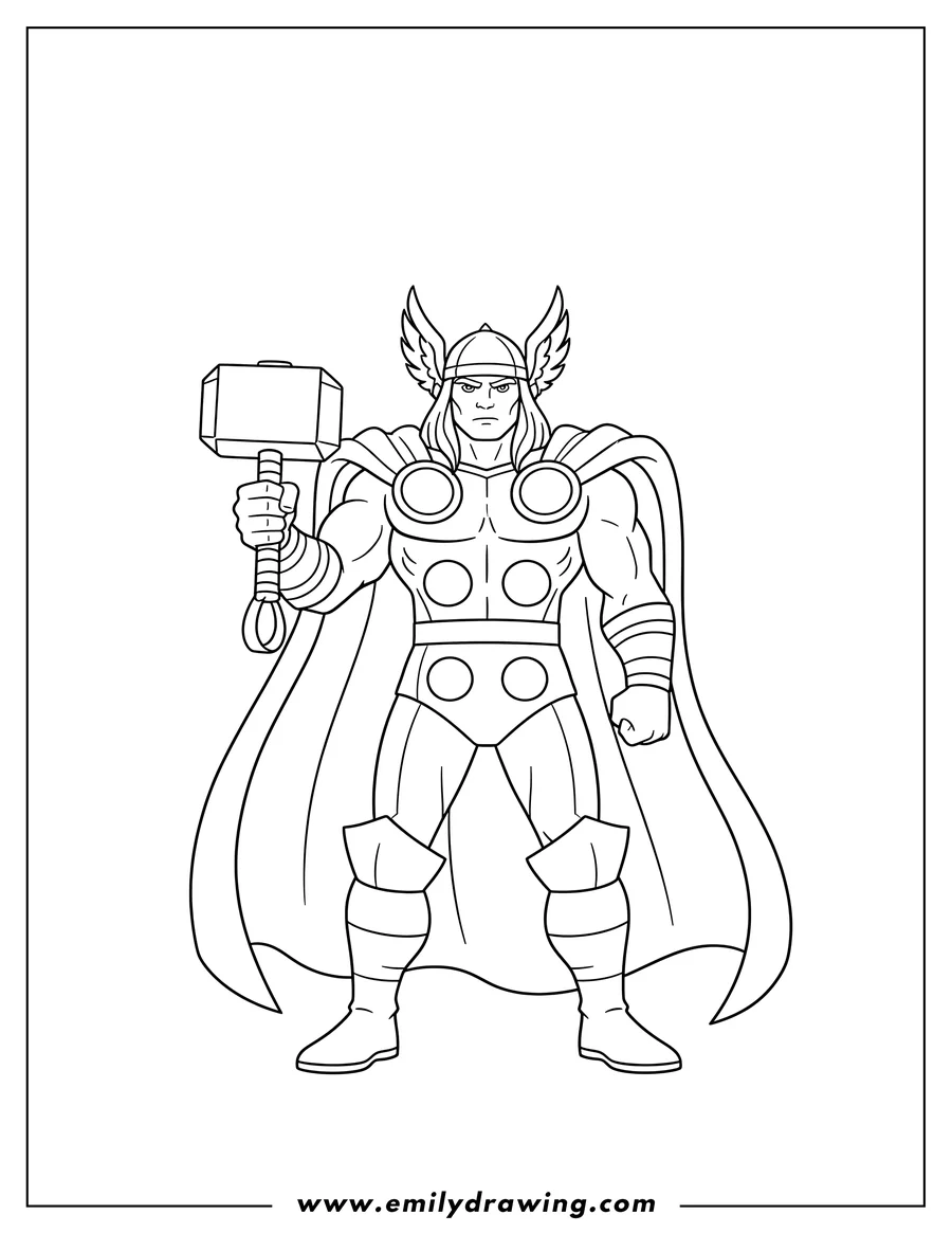 Free to print drawing of simple To Color Thor in armor, holding Mjolnir