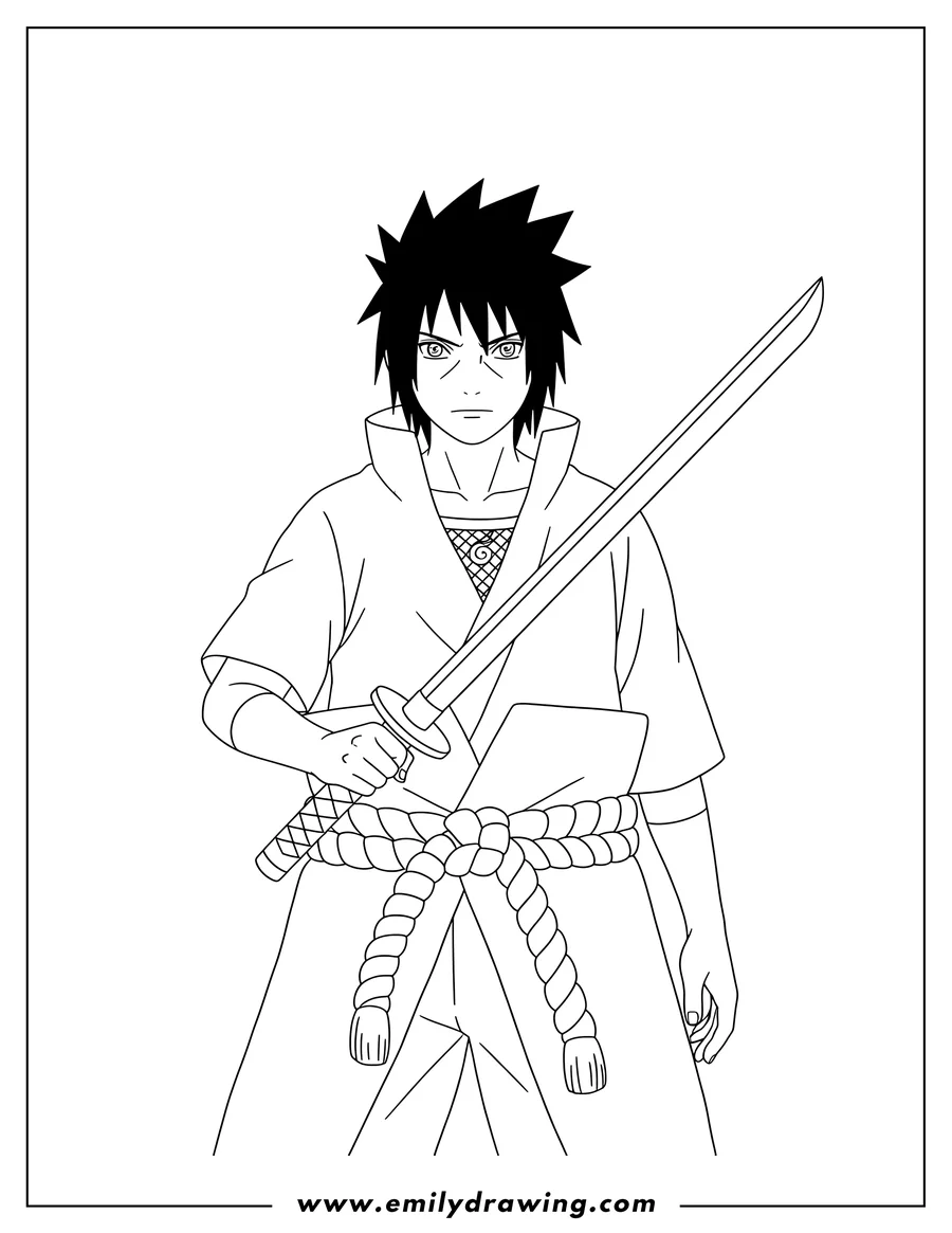 Coloring page of simple Uchiha Sasuke Outline holding a sword with a rope belt
