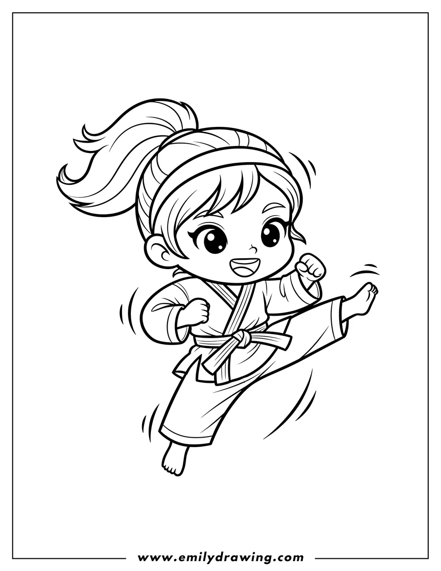 Coloring sheet featuring smiling Chibi Karate Girl with a ponytail in a kicking stance
