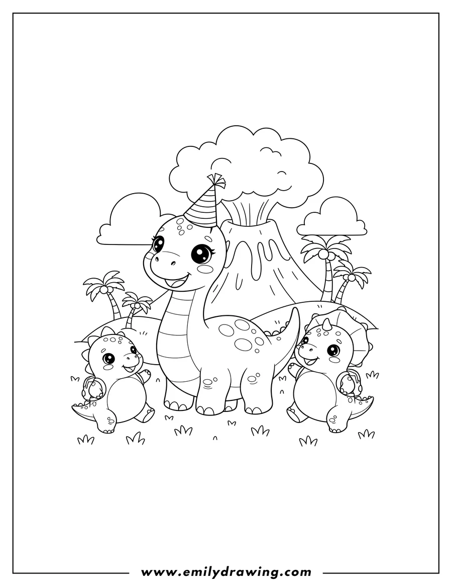 Doodle style coloring picture of smiling Kawaii Parasaurolophus With Volcano Preschoolers