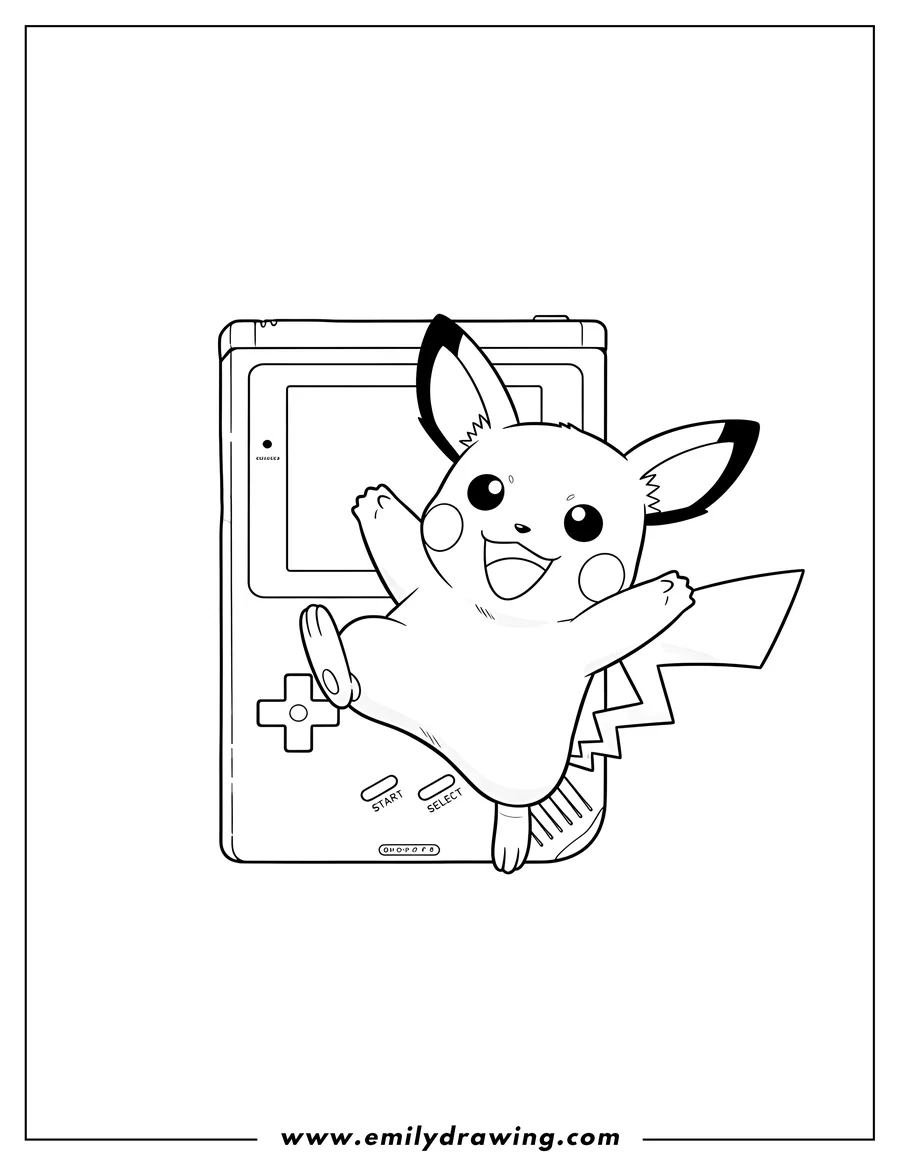 Full page coloring image of smiling Raichu with lightning bolt tail kicking air, with Game Boy background