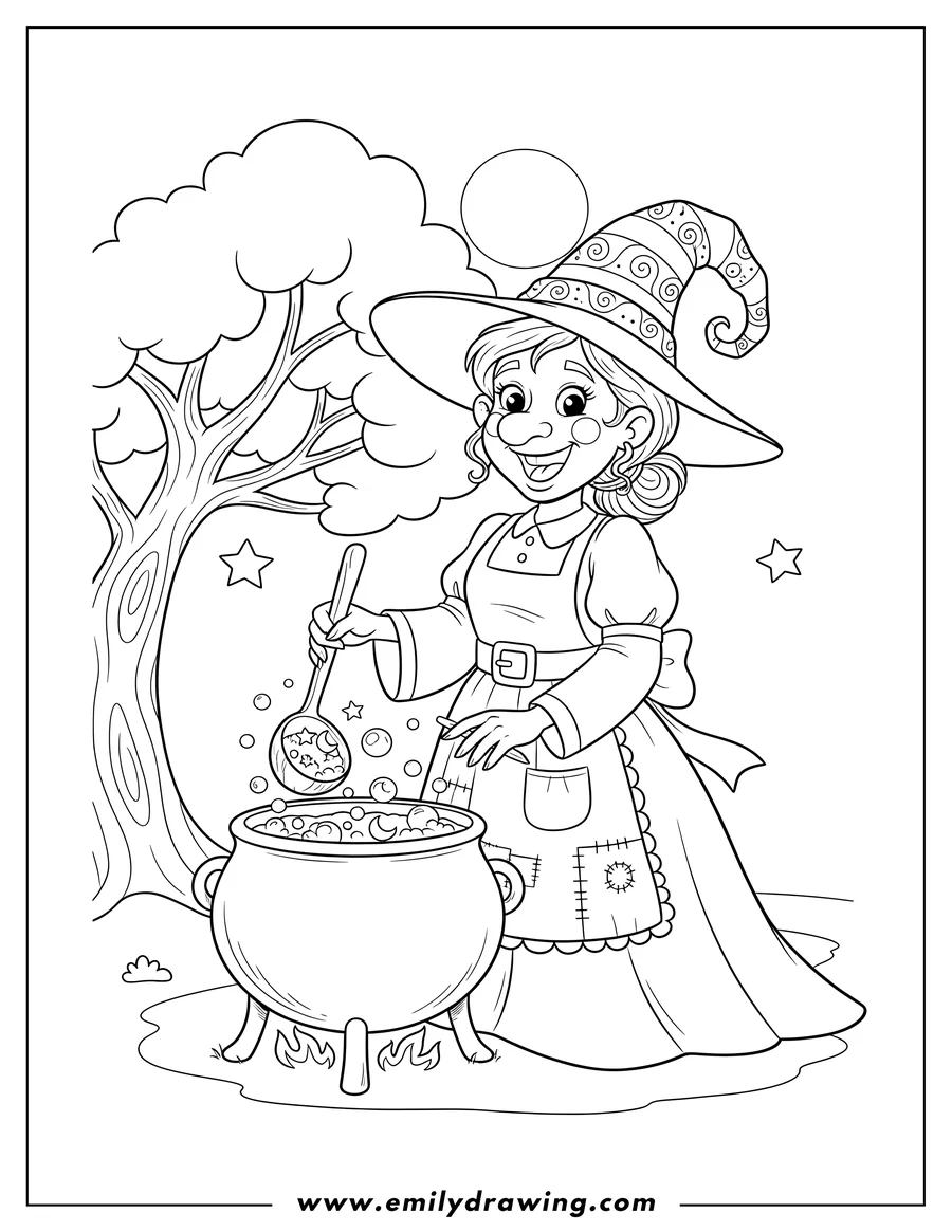 Printable coloring page of smiling witch in a hat stirring a cauldron