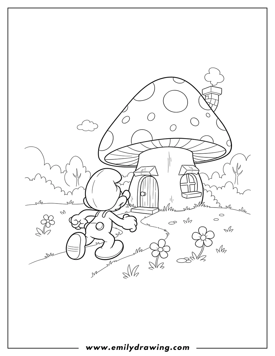 Free printable coloring sheet of smurf running to a spotted mushroom house, seen from behind