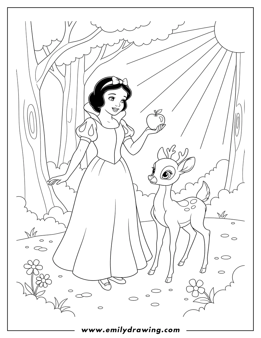 Free printable coloring sheet of snow White holding an apple with a deer in the forest
