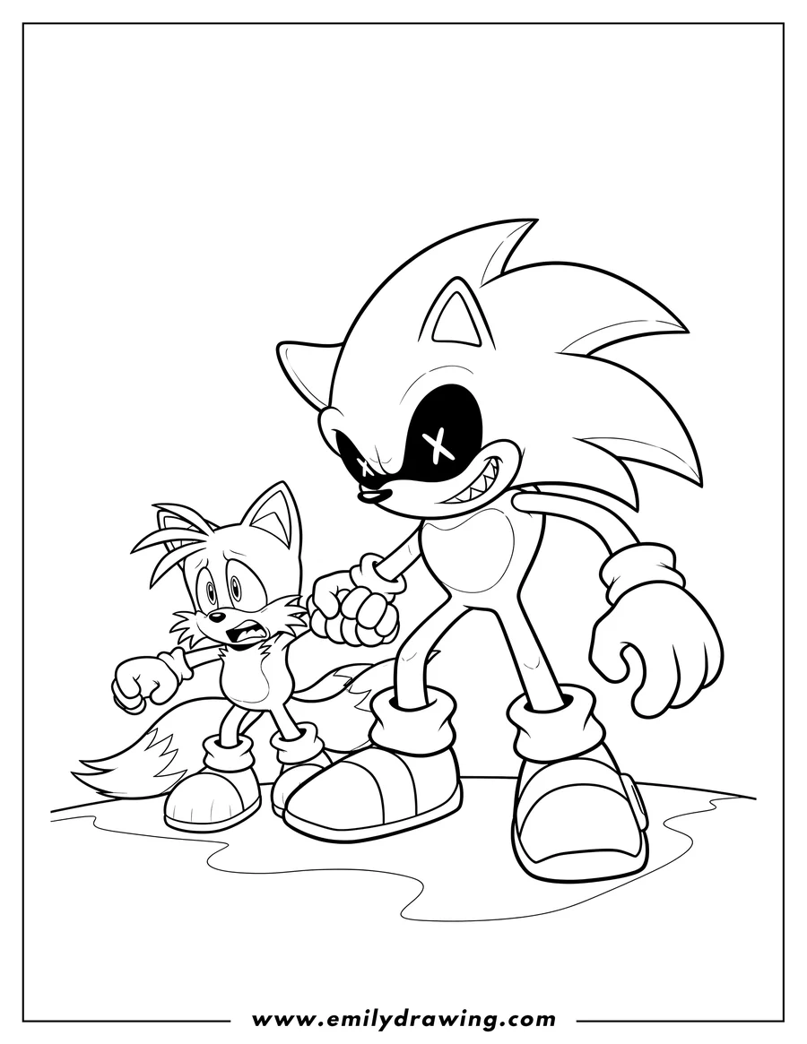 Coloring page of sonic Exe holding scared Tails by the arm