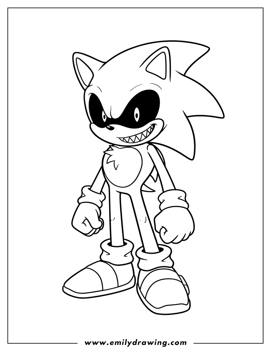 Printable line art of sonic Exe With Scary Grin, black eyes, standing pose
