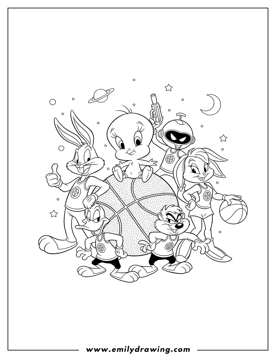 Clean line drawing: space Jam Tune Squad characters posing together with Tweety on a basketball