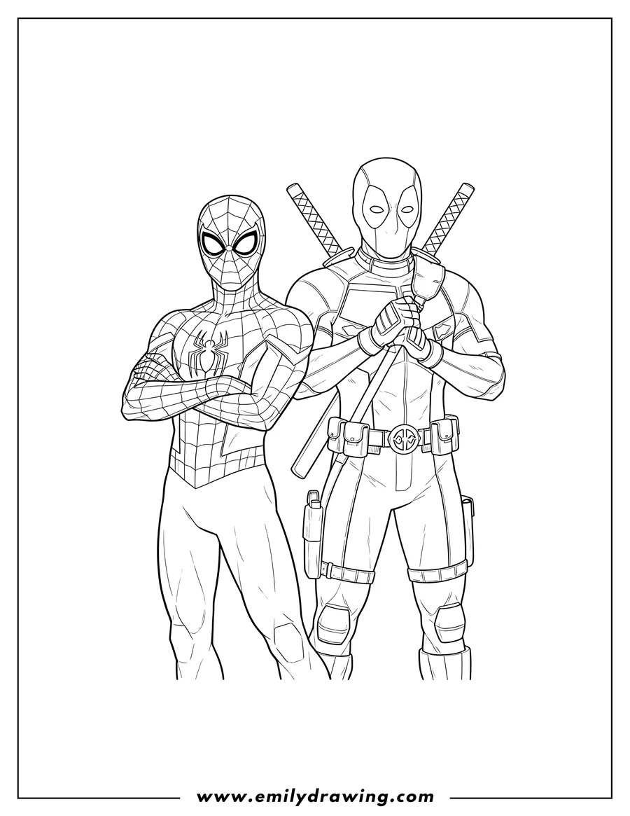 Coloring page for kids: spider Man And Deadpool standing together, Spider-Man with crossed arms, Deadpool with katanas