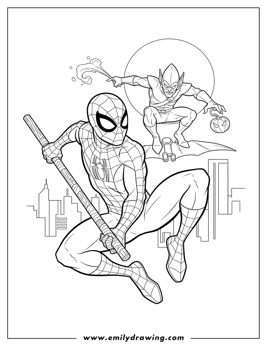 Coloring page for kids: spider Man Escaping Green Goblin's attack with a staff
