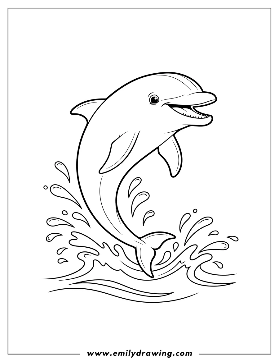 Black and white line art of smiling Spinner Dolphin jumping out of water with splashes