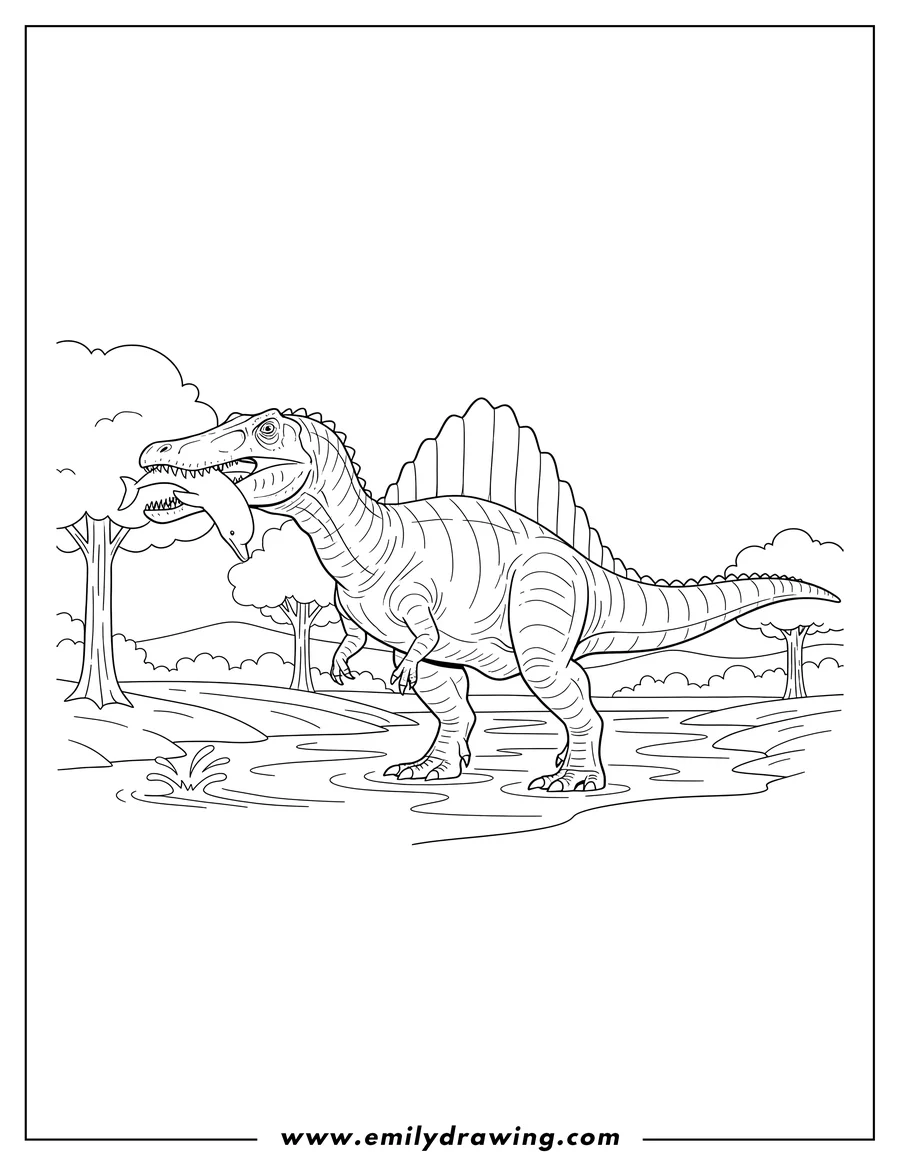 Coloring page of spinosaurus holding a river dolphin in its mouth by the water