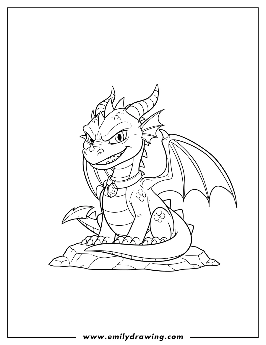 Linear illustration of spyro Dragon, fierce expression, sitting