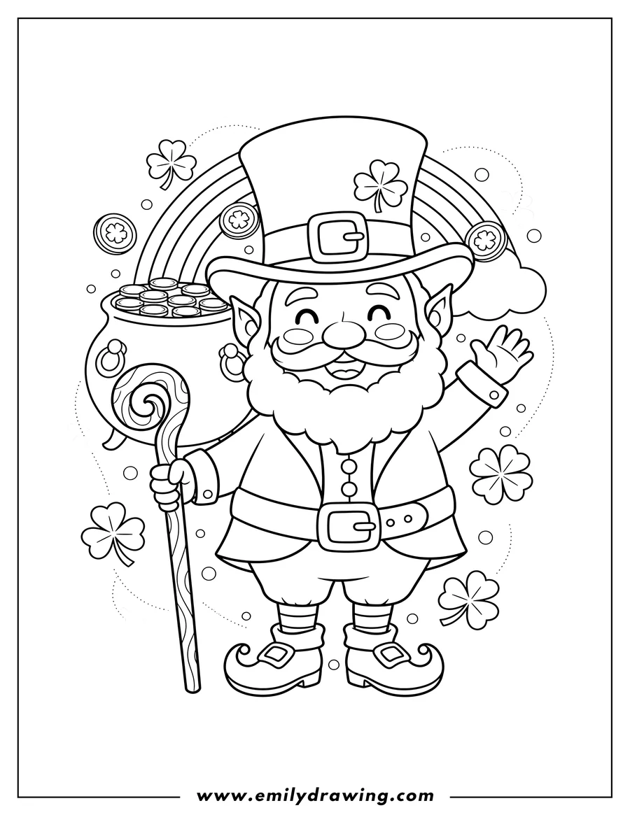 Linear illustration of st Patrick S Day Kawaii Leprechaun With Cane, smiling and waving