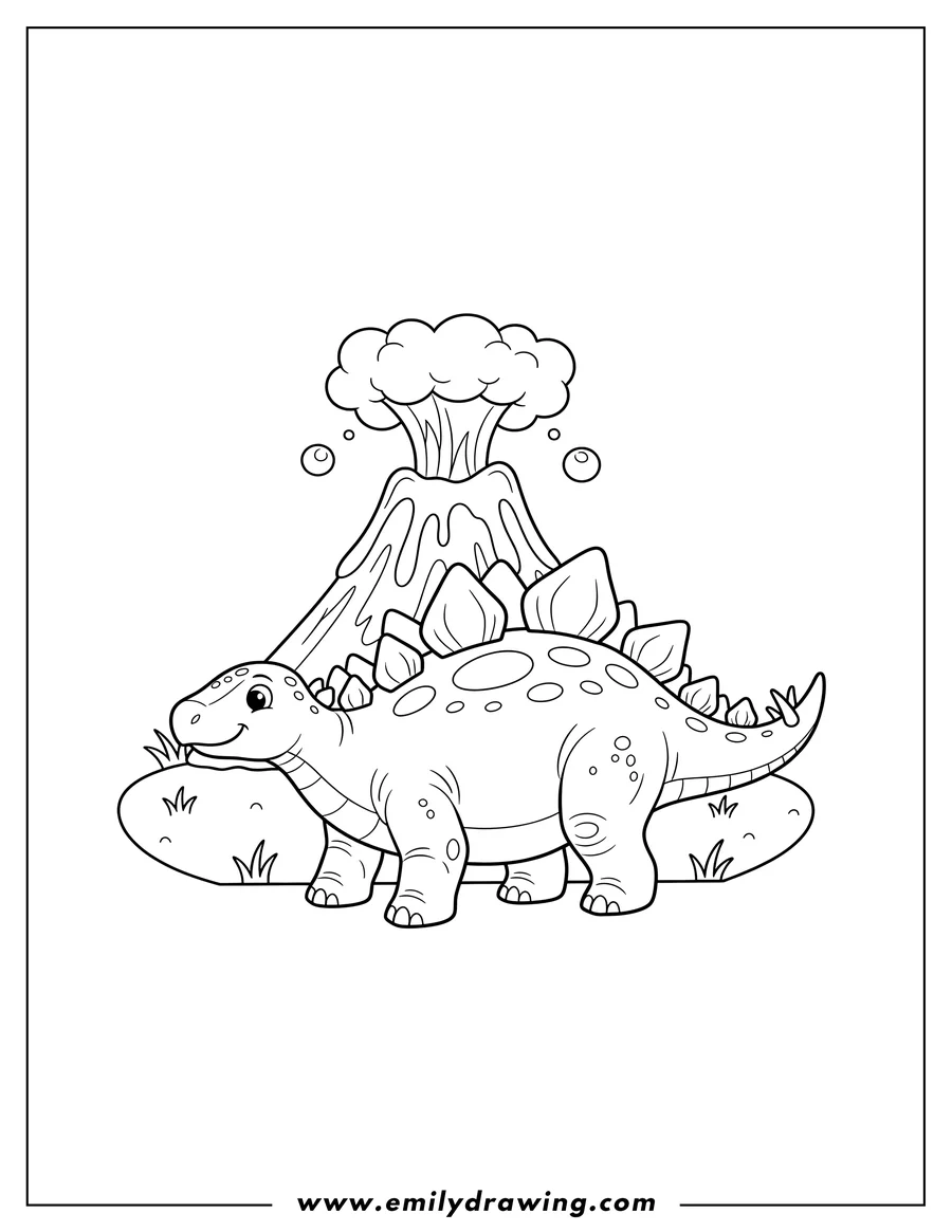 Printable coloring page of stegosaurus standing in front of an erupting volcano