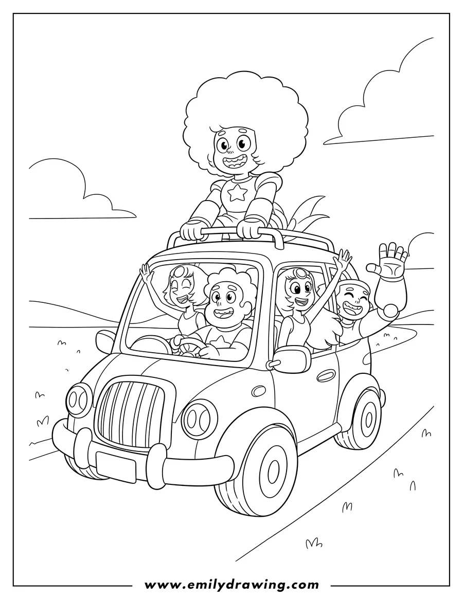 PDF style coloring page: steven Universe Driving Car With Pearl Amethyst, Bismuth hanging out the side, and Garnet on the roof