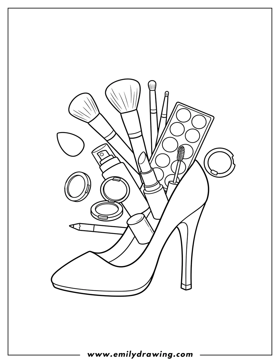 Doodle style coloring picture of stiletto Filled With Makeup Brushes, Lipstick, Foundation, Mascara, and an Eyeshadow Palette
