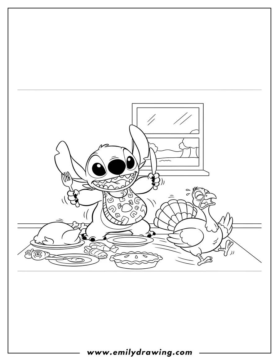 Coloring sheet featuring stitch in a bib with fork and knife, chasing a screaming turkey for Thanksgiving