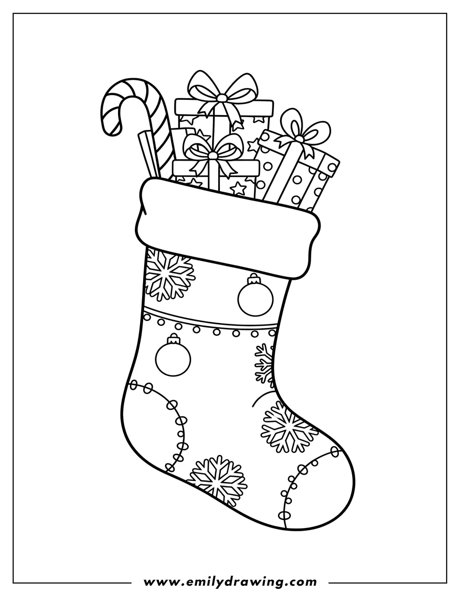 Downloadable coloring page of stocking with snowflakes and ornaments, with a candy cane and gifts inside