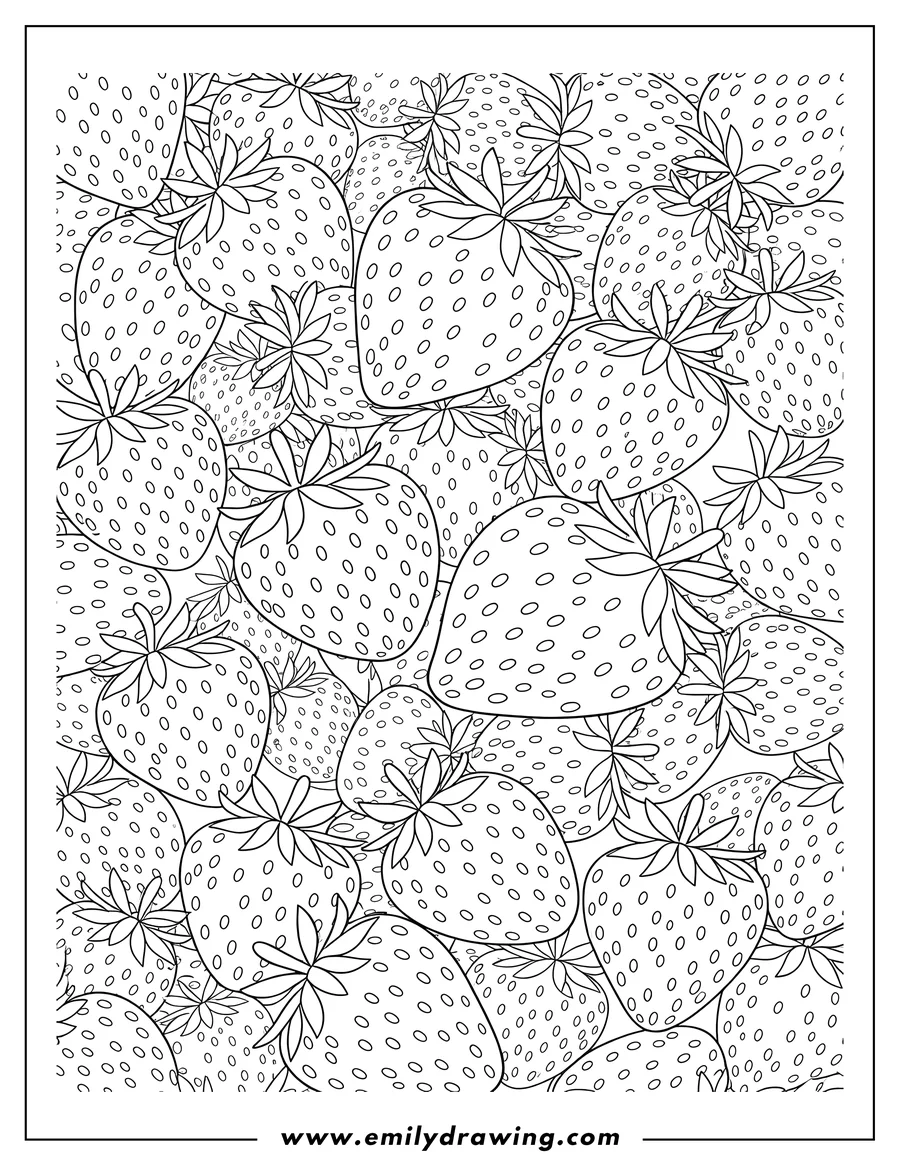 Downloadable coloring page of strawberries Scaled, many overlapping and filling the page