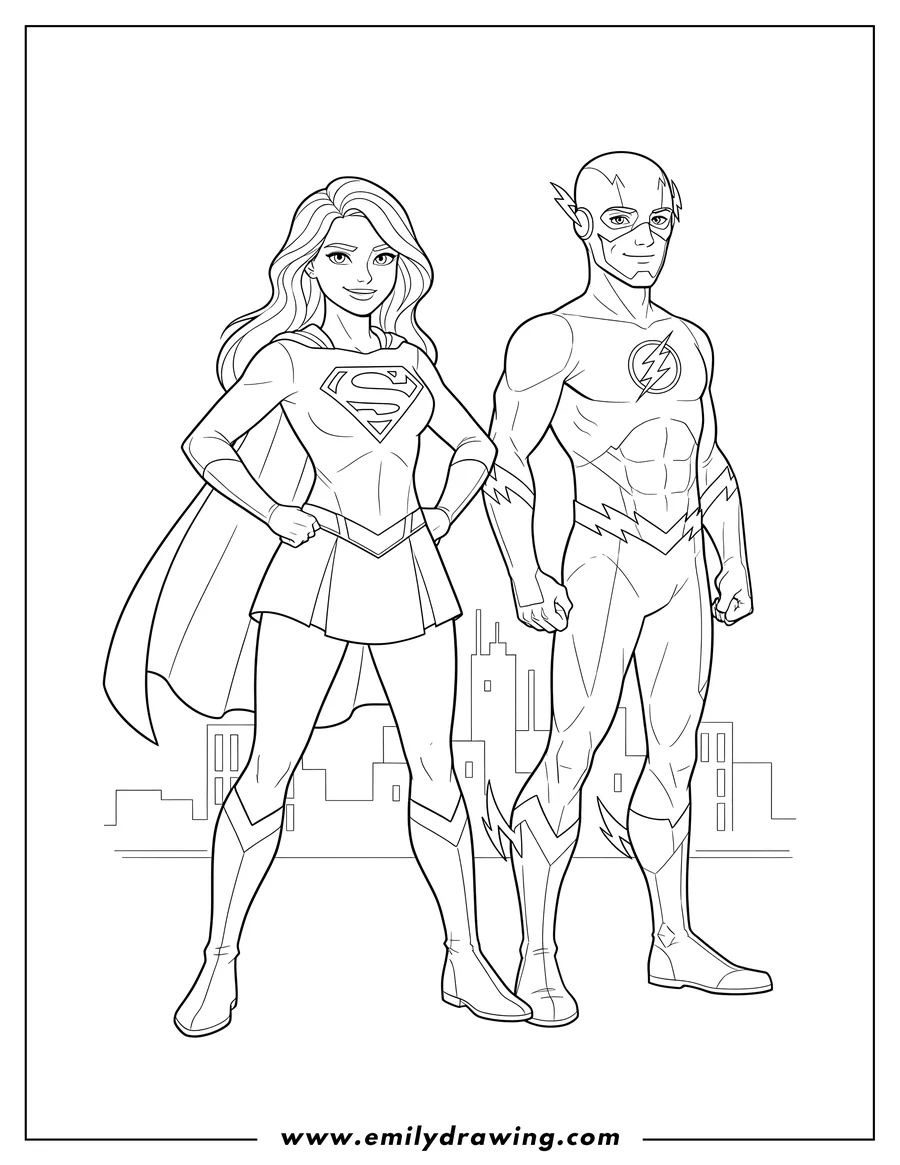 Coloring page for kids: supergirl and Flash standing together