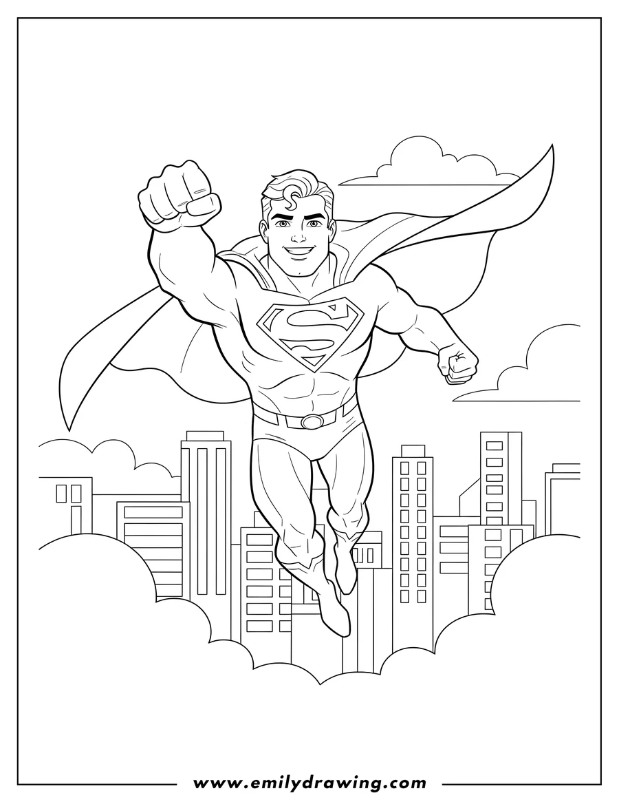 Clean line drawing: superman flying, smiling, with cape flowing and fist raised through city skyline