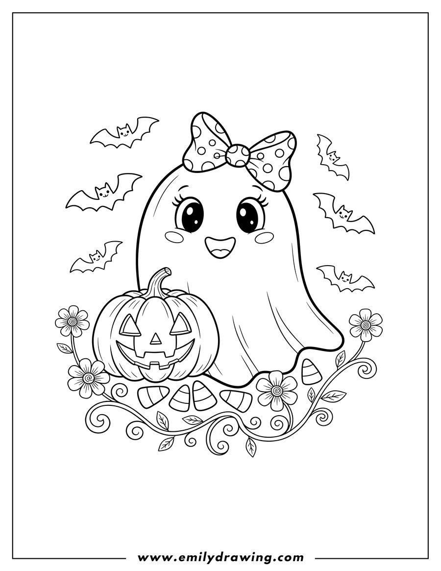 Free to print drawing of sweet Ghost With Bow, with a pumpkin and candy corn, surrounded by bats and flowers