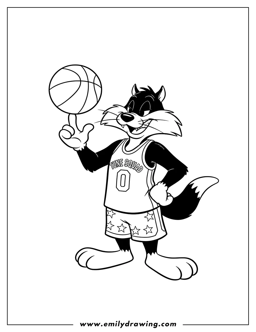 Black and white line art of easy Sylvester wearing a Tune Squad jersey and shorts, holding a basketball with one hand and his other hand on his hip