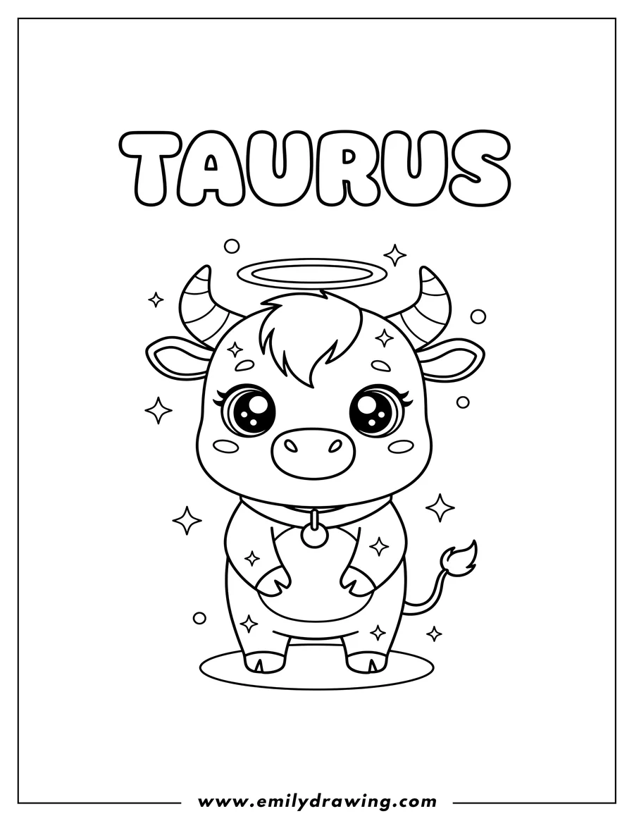Downloadable coloring page of taurus bubble letter text above a standing chibi bull with big shiny eyes and sparkles, for preschoolers