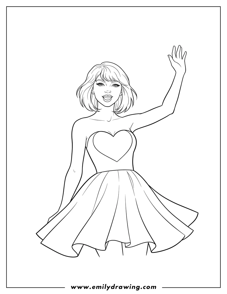 PDF style coloring page: taylor Swift in a cute heart-bodice dress, with short wavy hair, and arm raised
