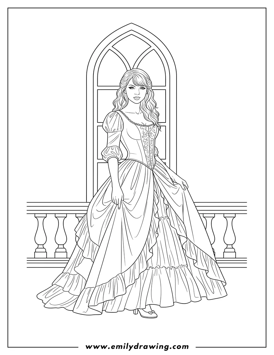 Clean line drawing: taylor Swift Love Story Music Video, standing gracefully in a beautiful gown