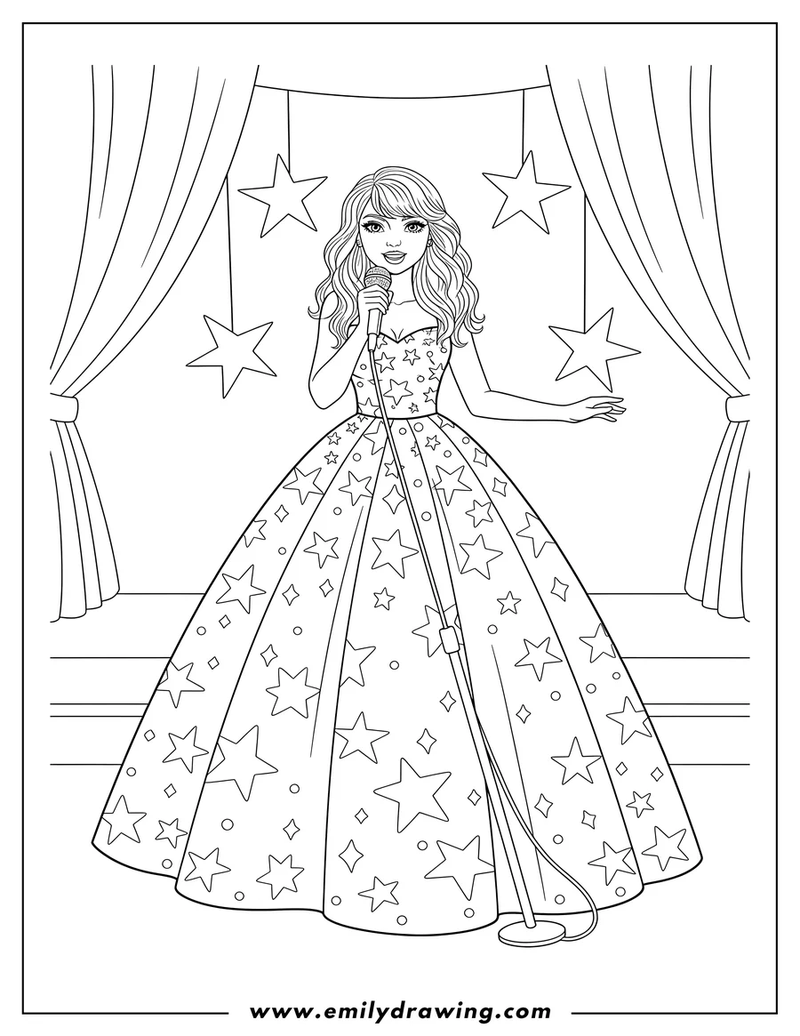 Outline drawing of taylor Swift wearing a sparkling ball gown and holding a microphone