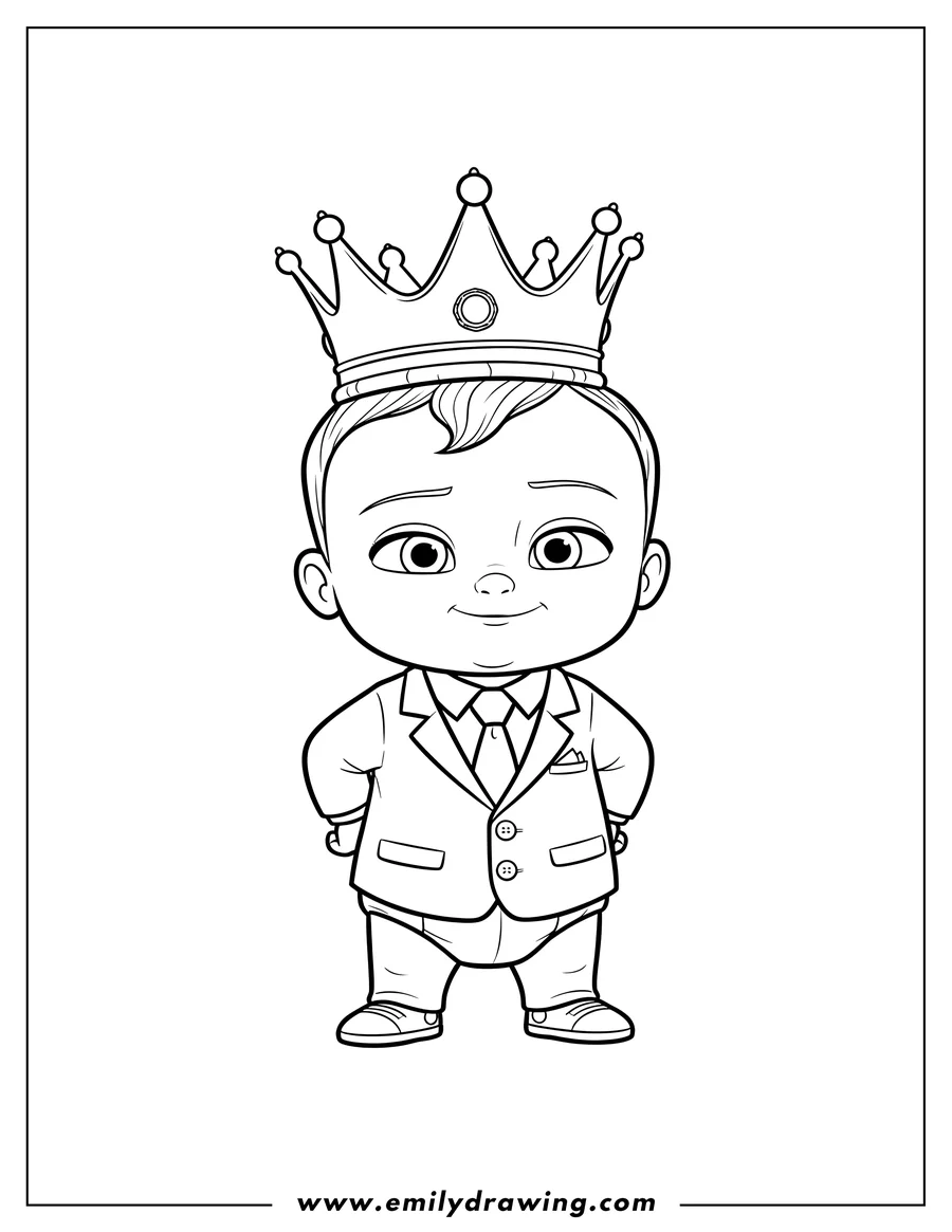 Printable coloring page of ted Templeton Boss Baby wearing a crown and tie, standing