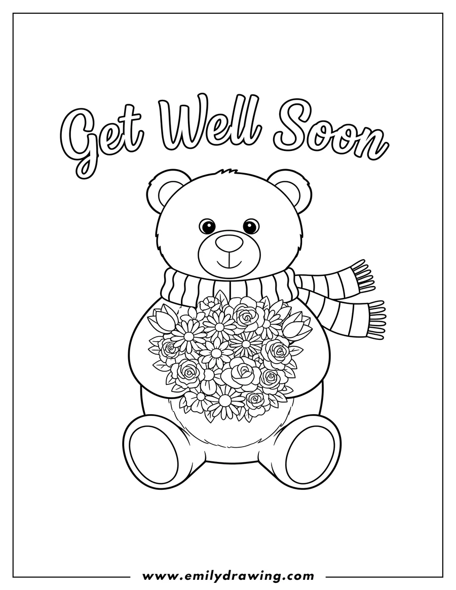 Black and white line art of teddy Bear wearing a scarf, holding a bouquet of flowers, with Get Well Soon script
