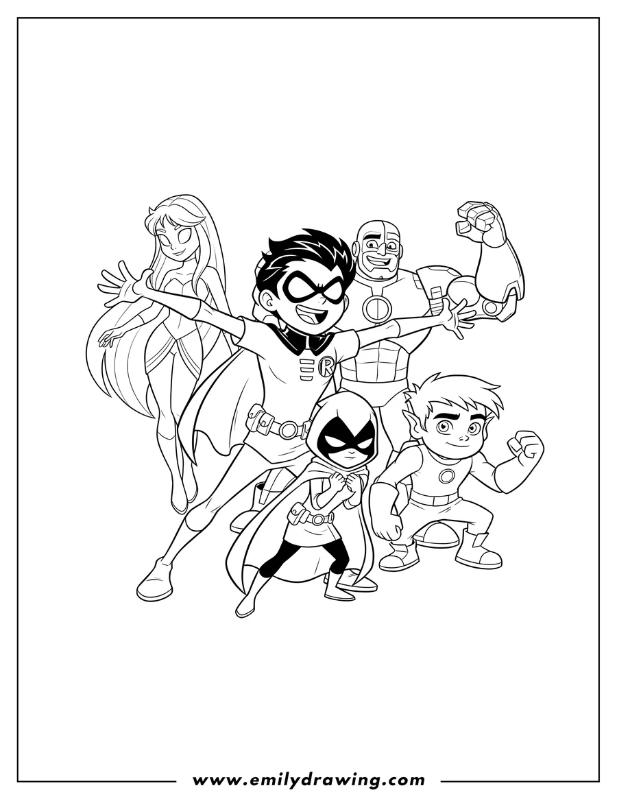 Vector style outline of teen Titans Go team grouped together