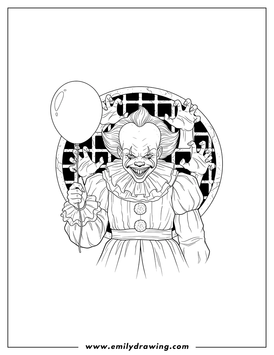 High quality printable terrifying Pennywise grinning, holding a balloon, with hands reaching from behind a round sewer grate for coloring