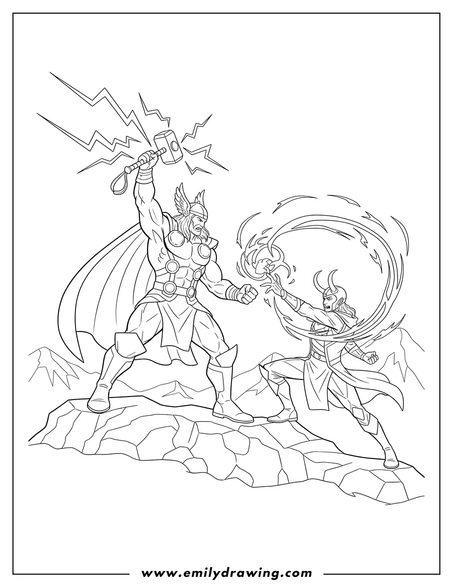 Free printable coloring sheet of thor fighting Loki, with Thor raising his hammer and lightning, and Loki casting magic