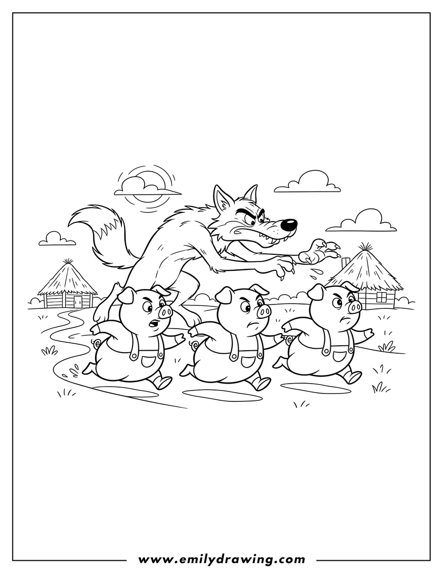 High quality printable three Little Pigs running from the Big Bad Wolf for coloring