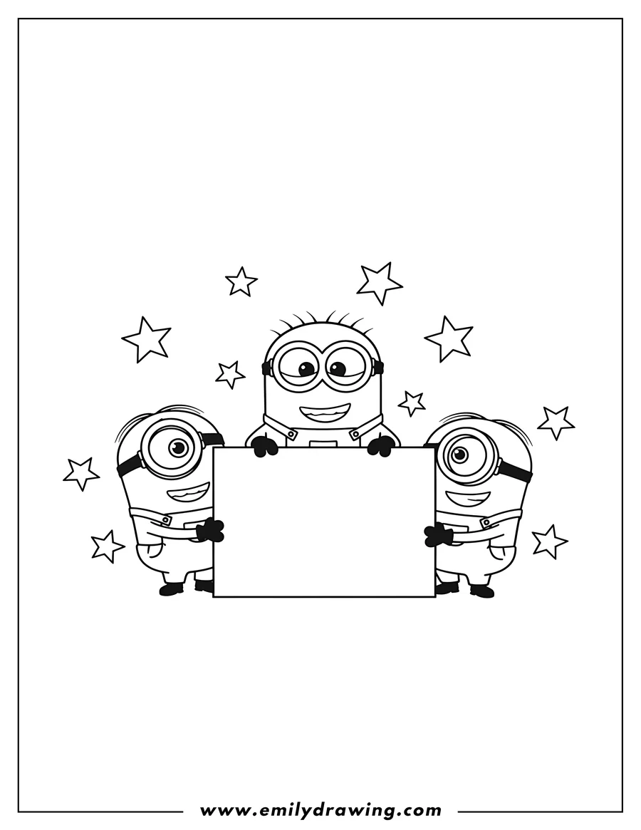 Coloring page for kids: minions Movies: three Minions holding a blank sign and surrounded by stars