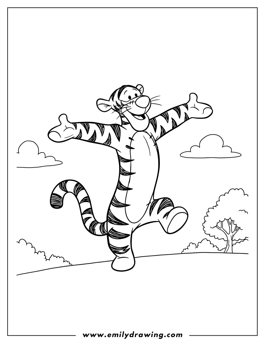 Clean line drawing: tigger Scaled, balancing on one foot with arms outstretched