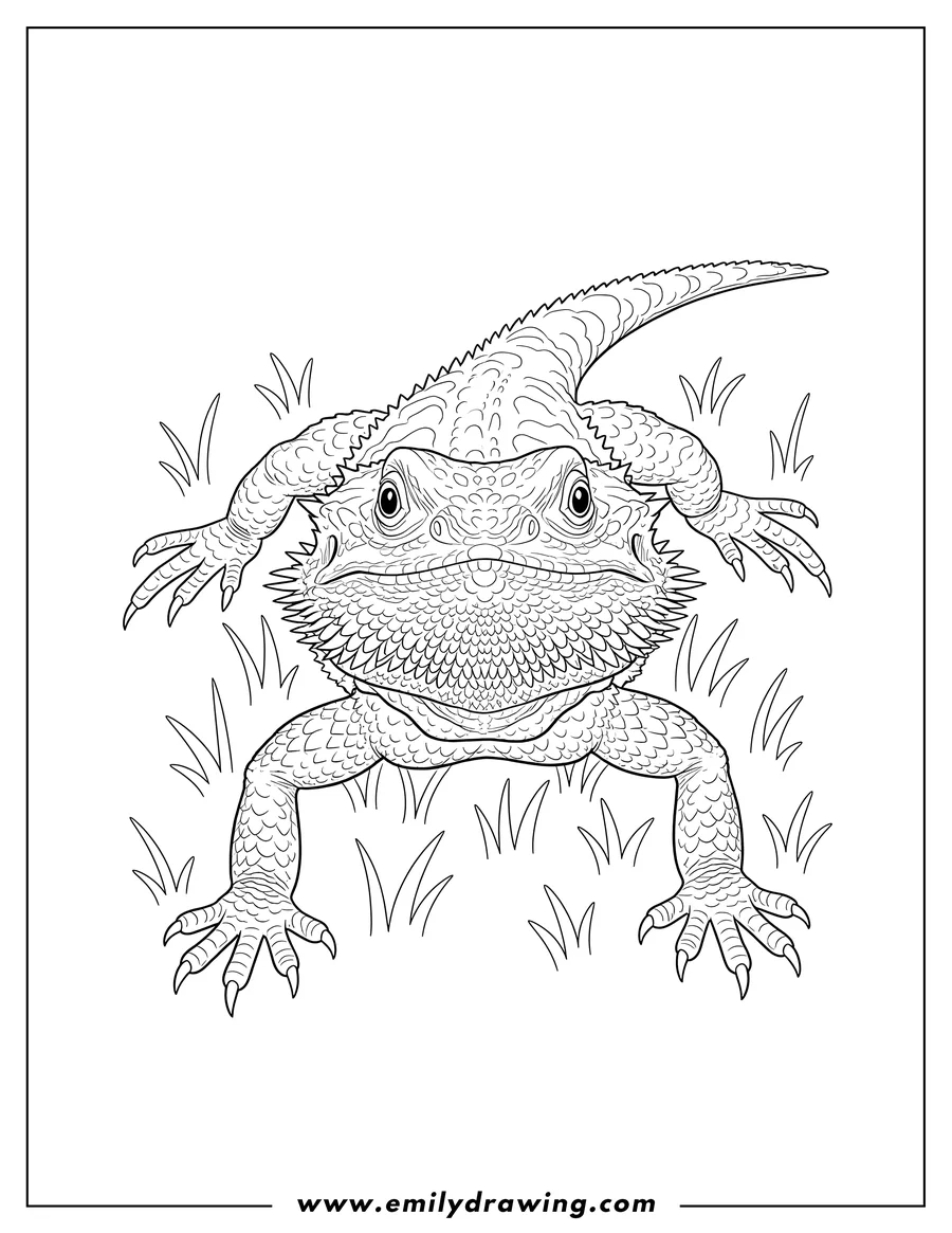 Clean line drawing: top View Spiky Bearded Dragon crawling on grass