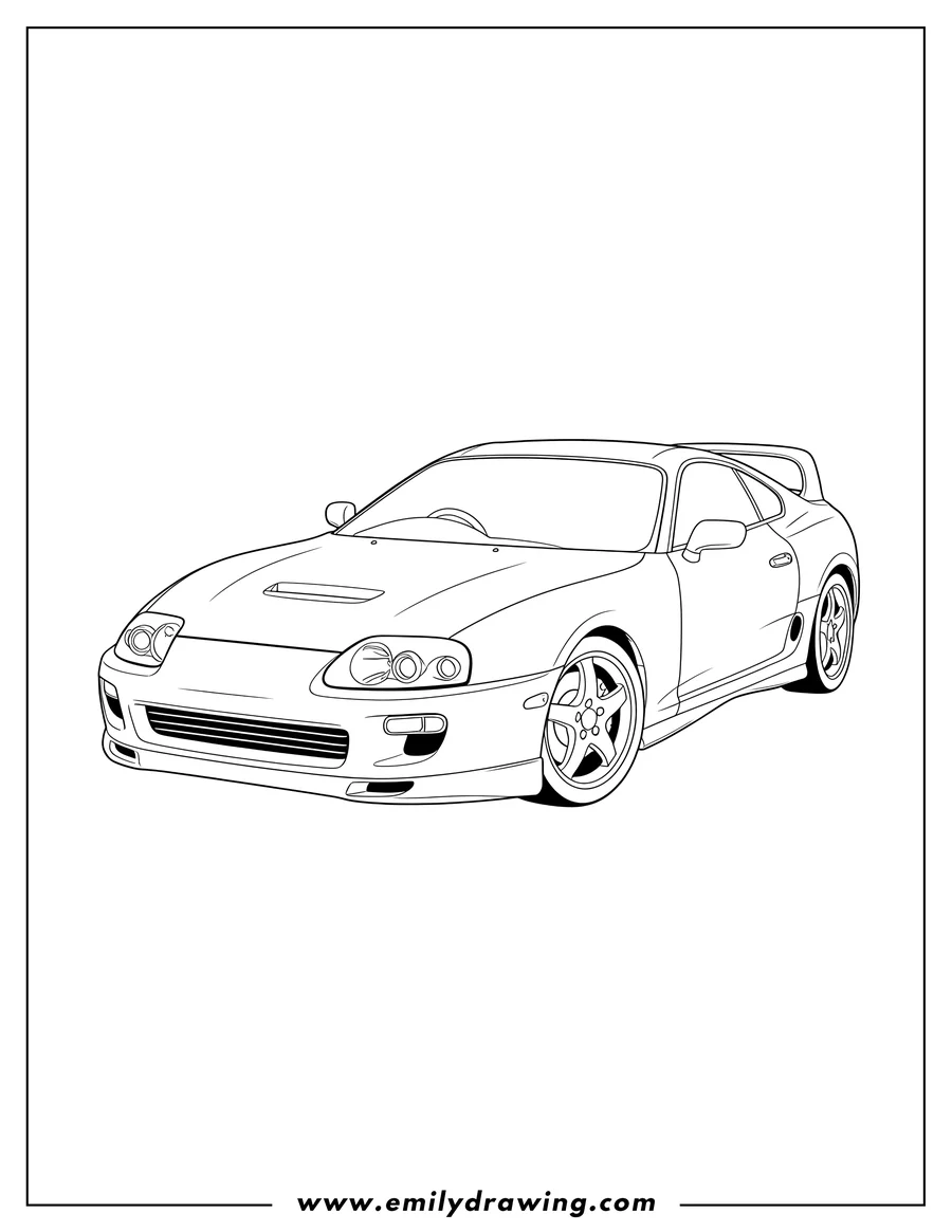 PDF style coloring page: toyota Supra Mk4 coloring page, seen from a front-side view