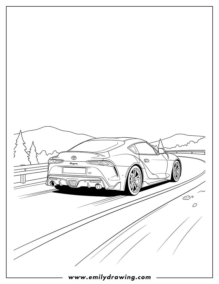 Coloring page of toyota Supra Sports Car Racing, rear 3/4 view, on a winding road