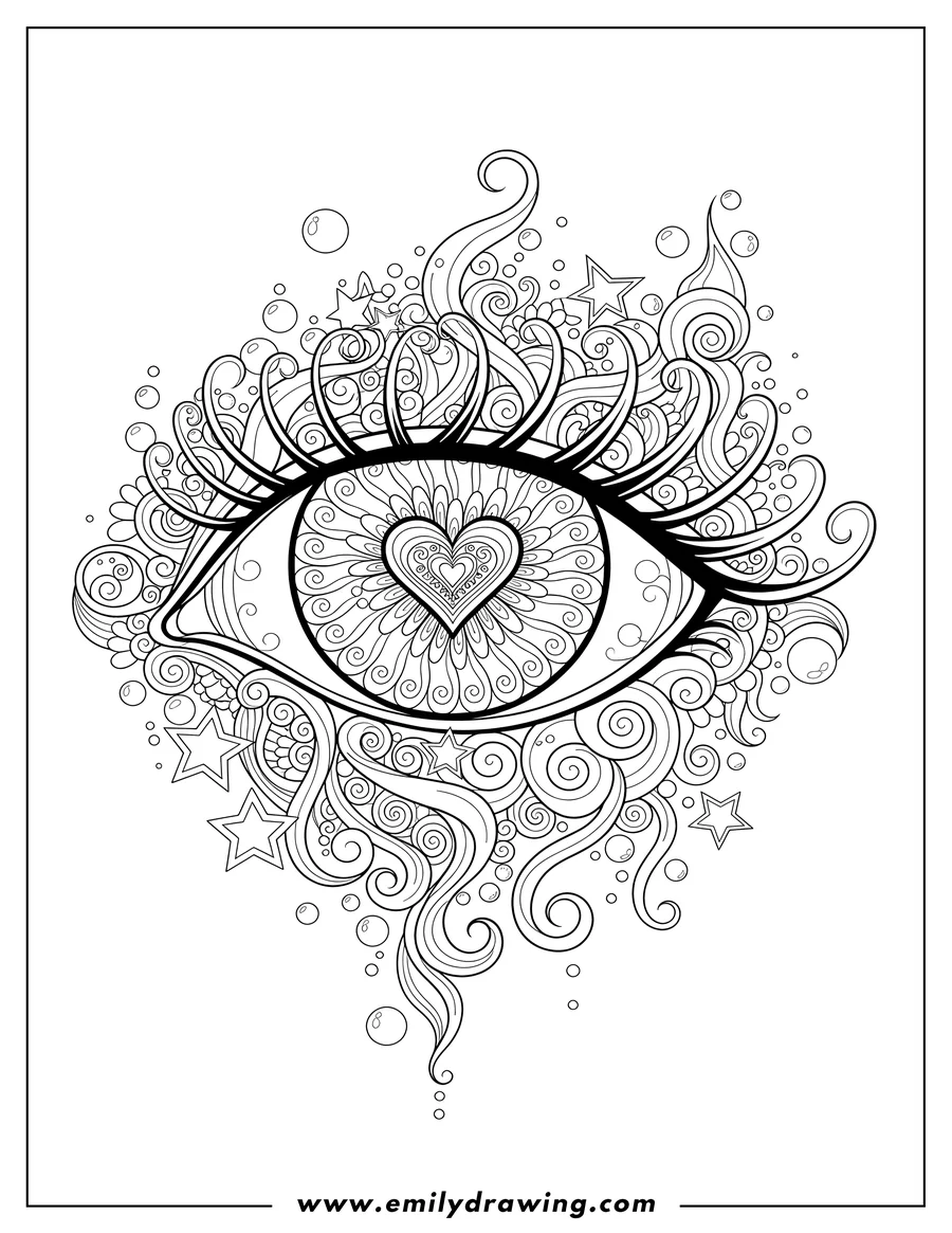 Simple sketch of trippy Eye Graffiti with intricate patterns and a heart to color