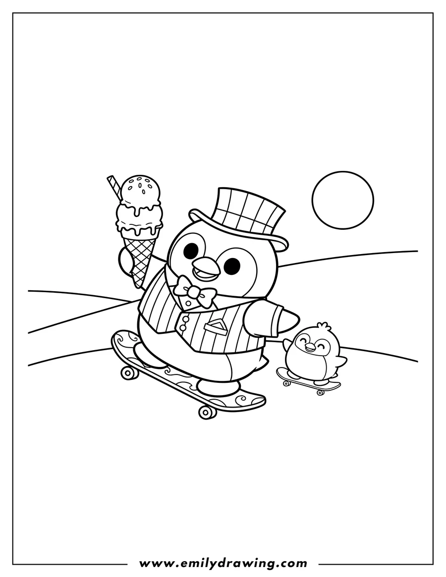 Doodle style coloring picture of tuxedo Sam in a hat eating ice cream and skateboarding with a small friend
