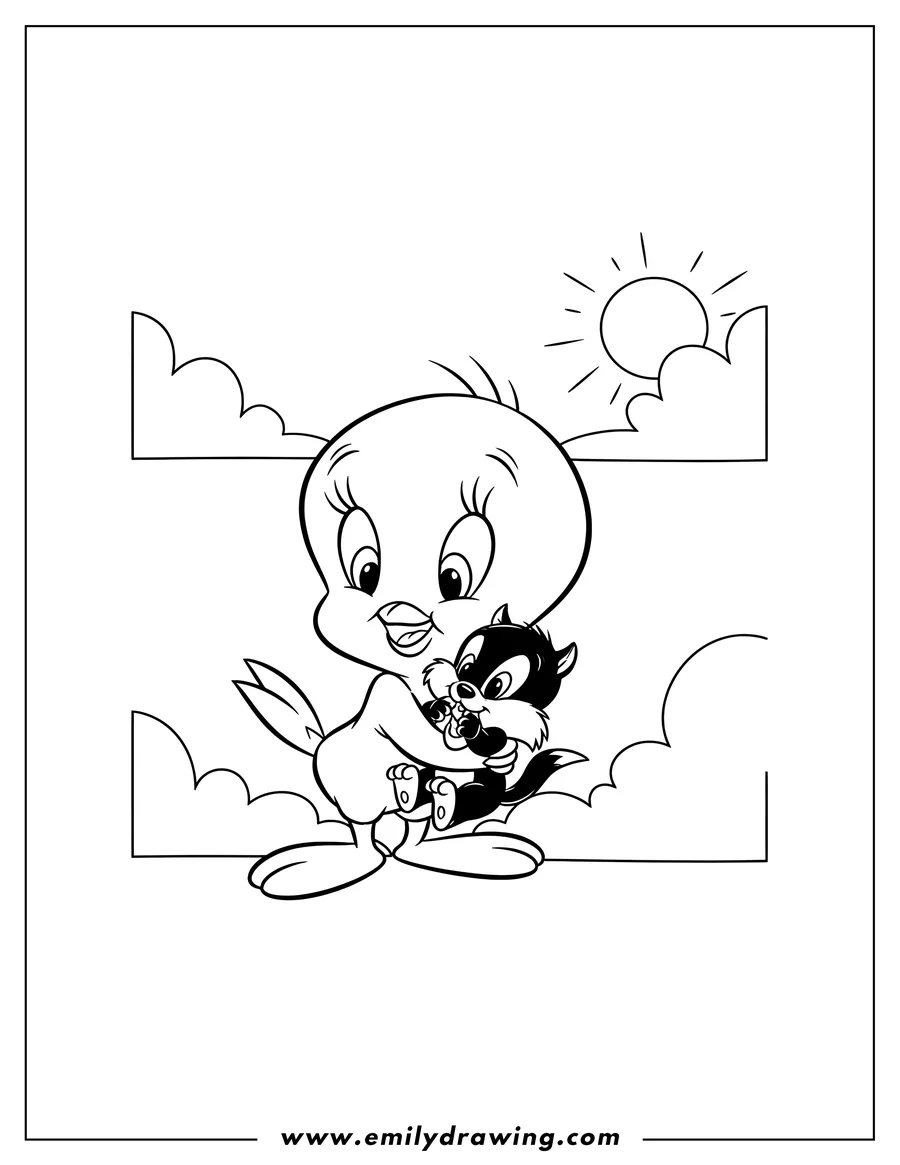 Printable line art of tweety hugging and holding Baby Sylvester in his arms