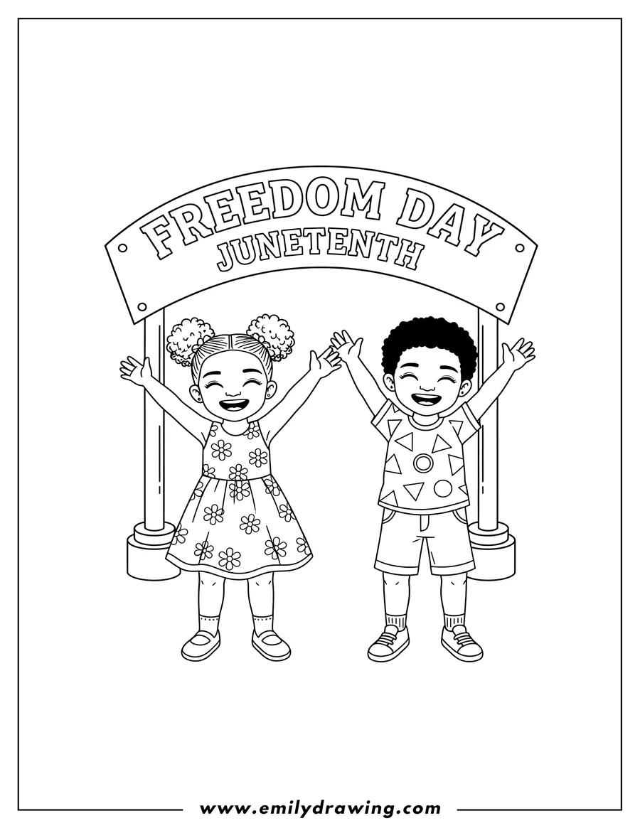 Linear illustration of two happy children with raised arms, standing in front of a 'FREEDOM DAY' sign, Juneteenth