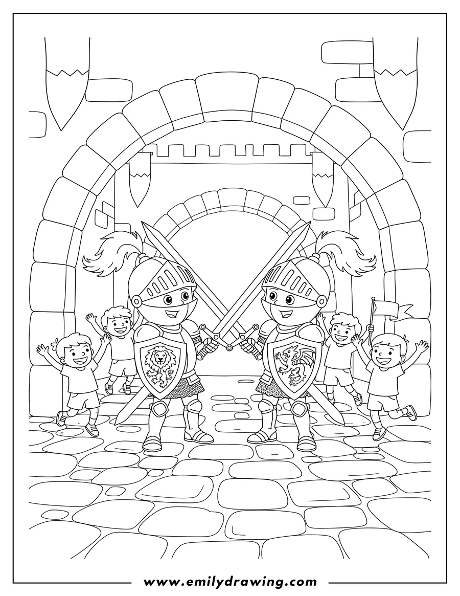 PDF style coloring page: two Knights Dueling with Crossed Swords in a Castle Courtyard with Cheering Children